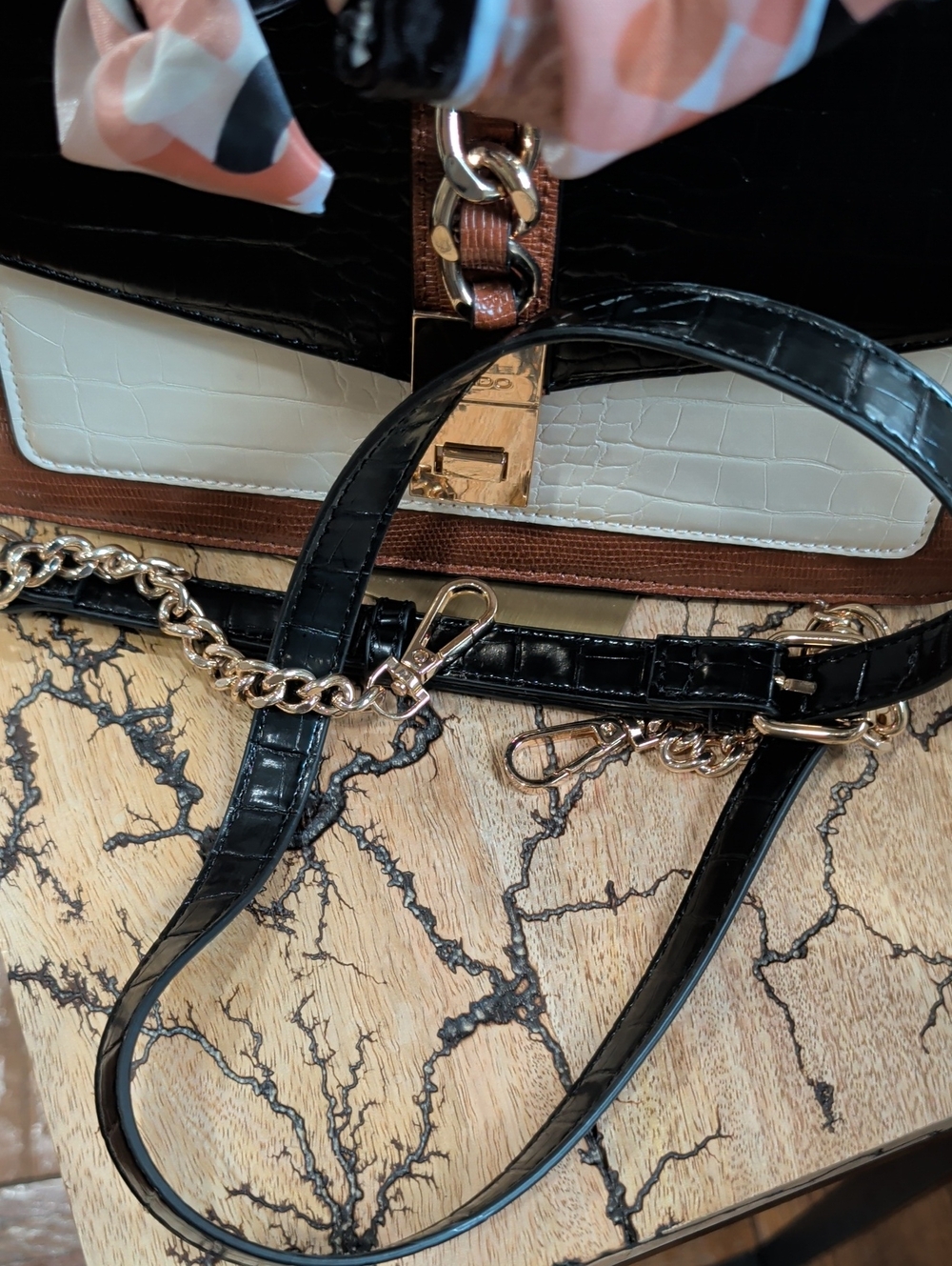 Aldo Tri-Texture Satchel in Black, White & Brown Comes With Detachable Strap - Picture 3 of 3